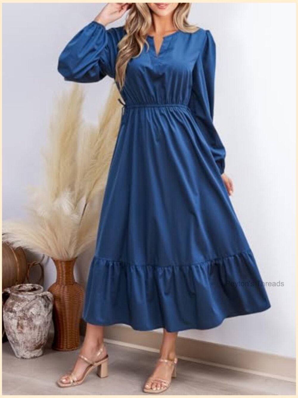 Long Sleeve V Neck A Line Tunic Waist Ruffled Maxi Party Dress - Picture 2 of 5